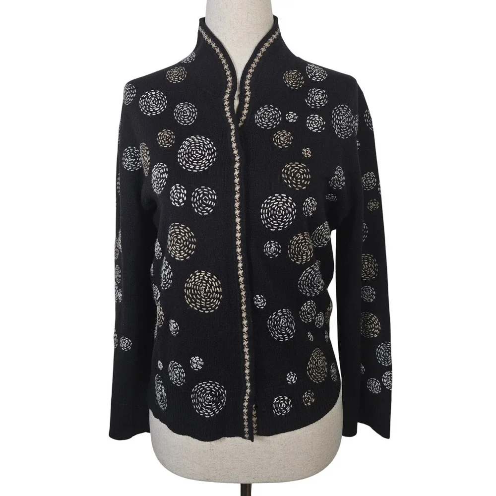 Nic + Zoe Black Swirl Circle Knit Mock Neck Cardigan Sweater Womens Medium